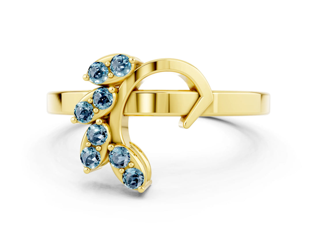 Yellow gold Marquise Aquamarine Cluster Bypass Ring with Prong Setting_6