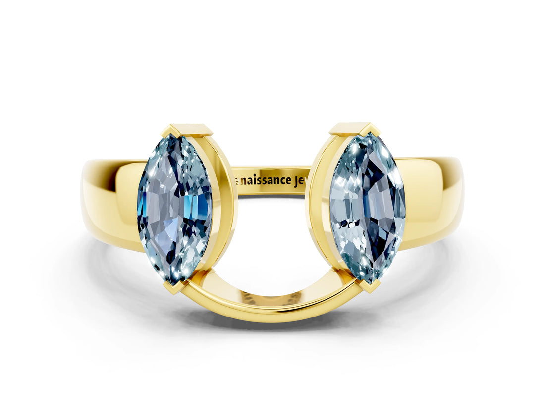 Yellow gold Marquise Aquamarine Open Band Ring with Tension Setting_6