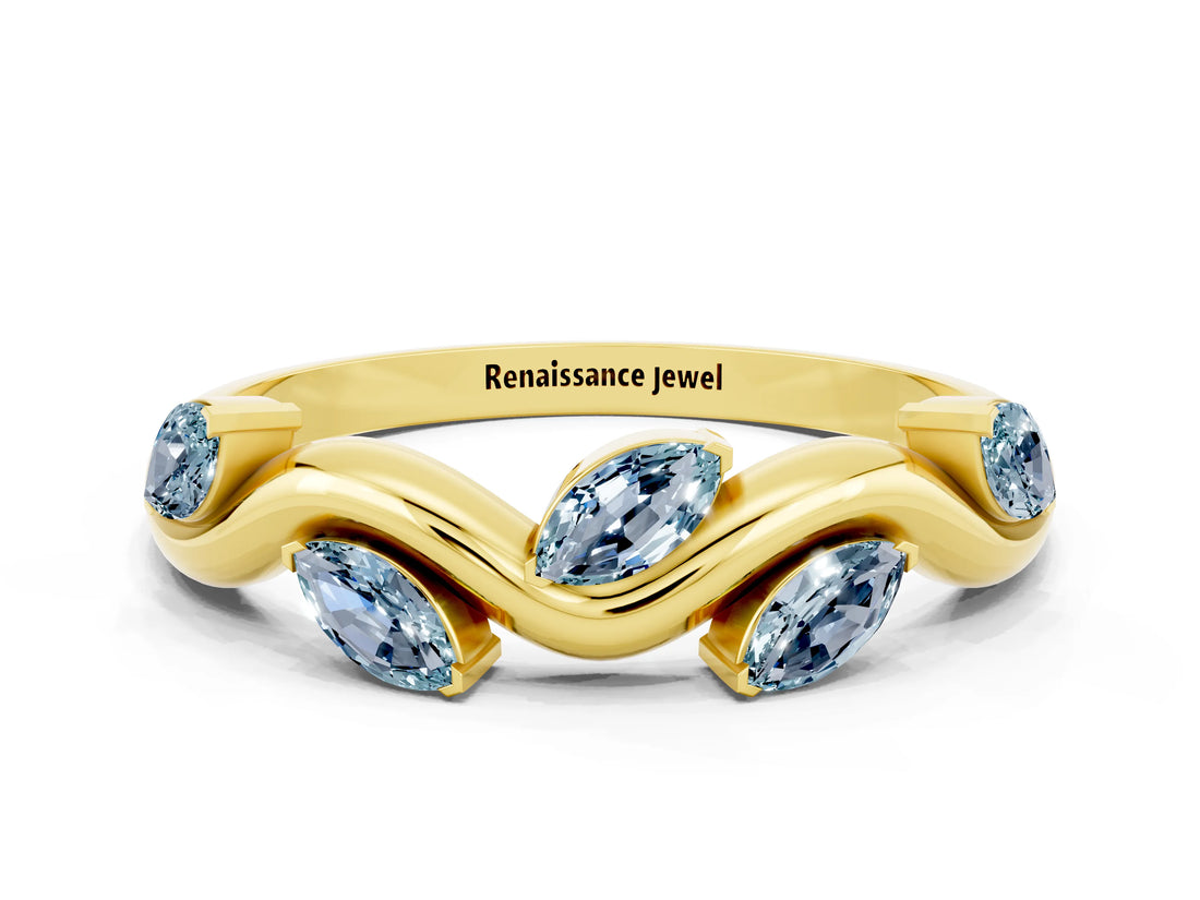 Yellow gold Marquise Aquamarine Twisted Band with Prong Setting_6