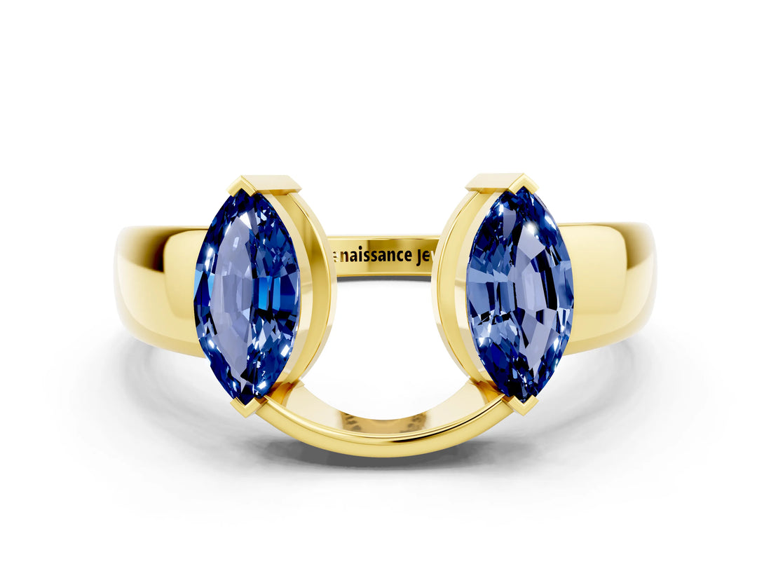 Yellow gold Marquise Blue Sapphire Open Band Ring with Tension Setting_6