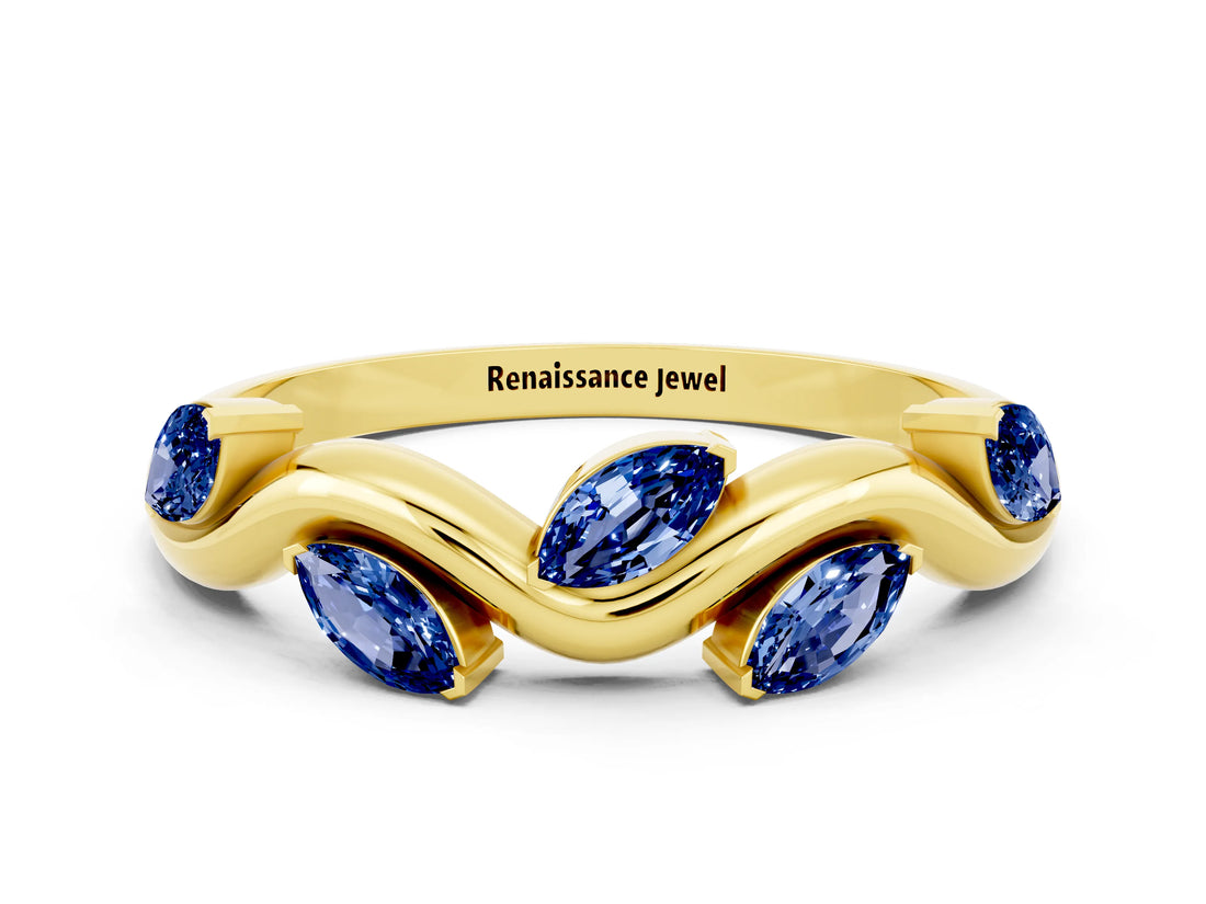 Yellow gold Marquise Blue Sapphire Twisted Band with Prong Setting_6