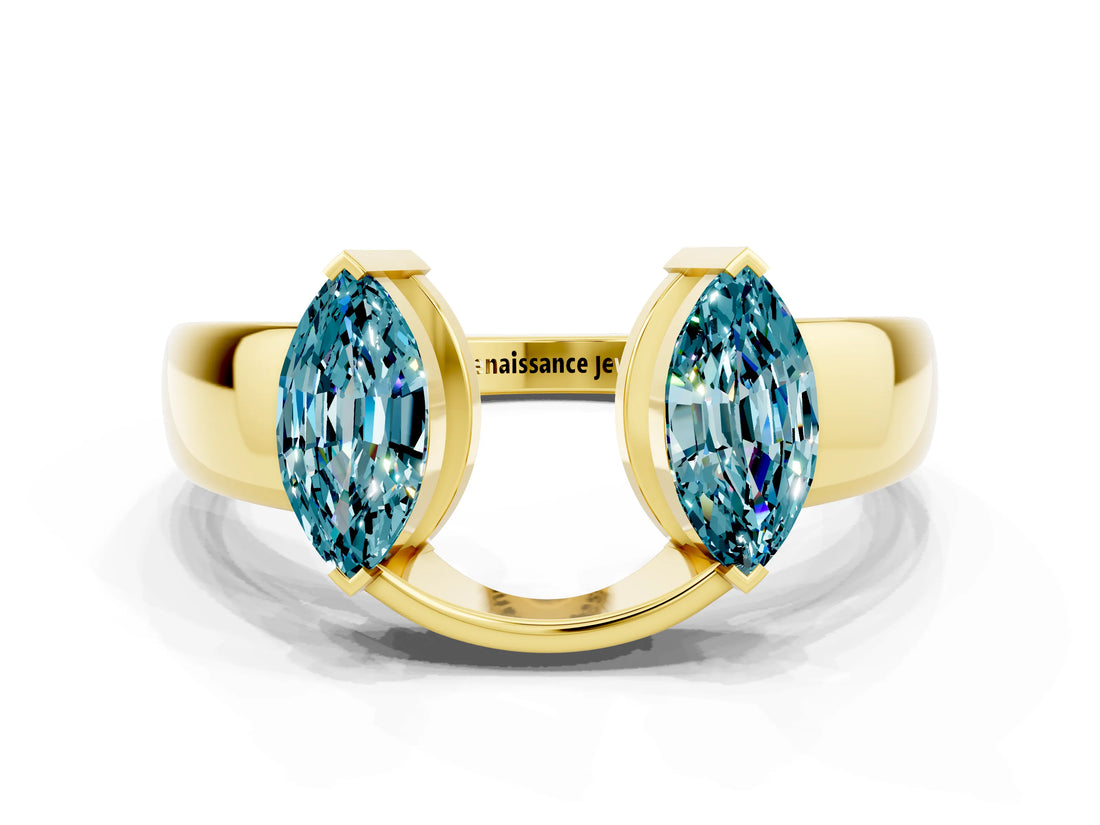 Yellow gold Marquise Blue Topaz Open Band Ring with Tension Setting_6