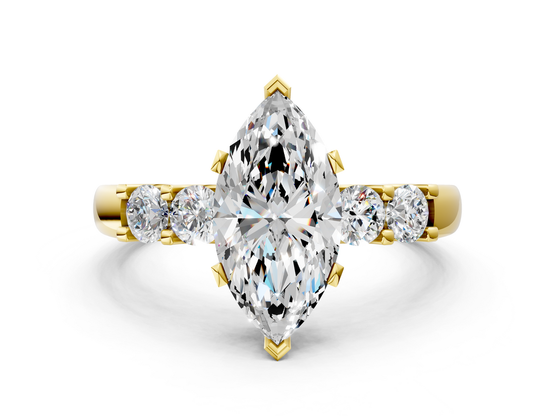Yellow gold Marquise Brilliant Cut Diamond Five-Stone Prong Set Engagement Ring with Channel Band_23