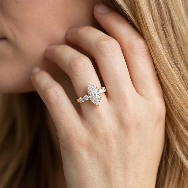 Yellow gold Marquise Brilliant Diamond Five-Stone Engagement Ring with Prong Setting on a Classic Band