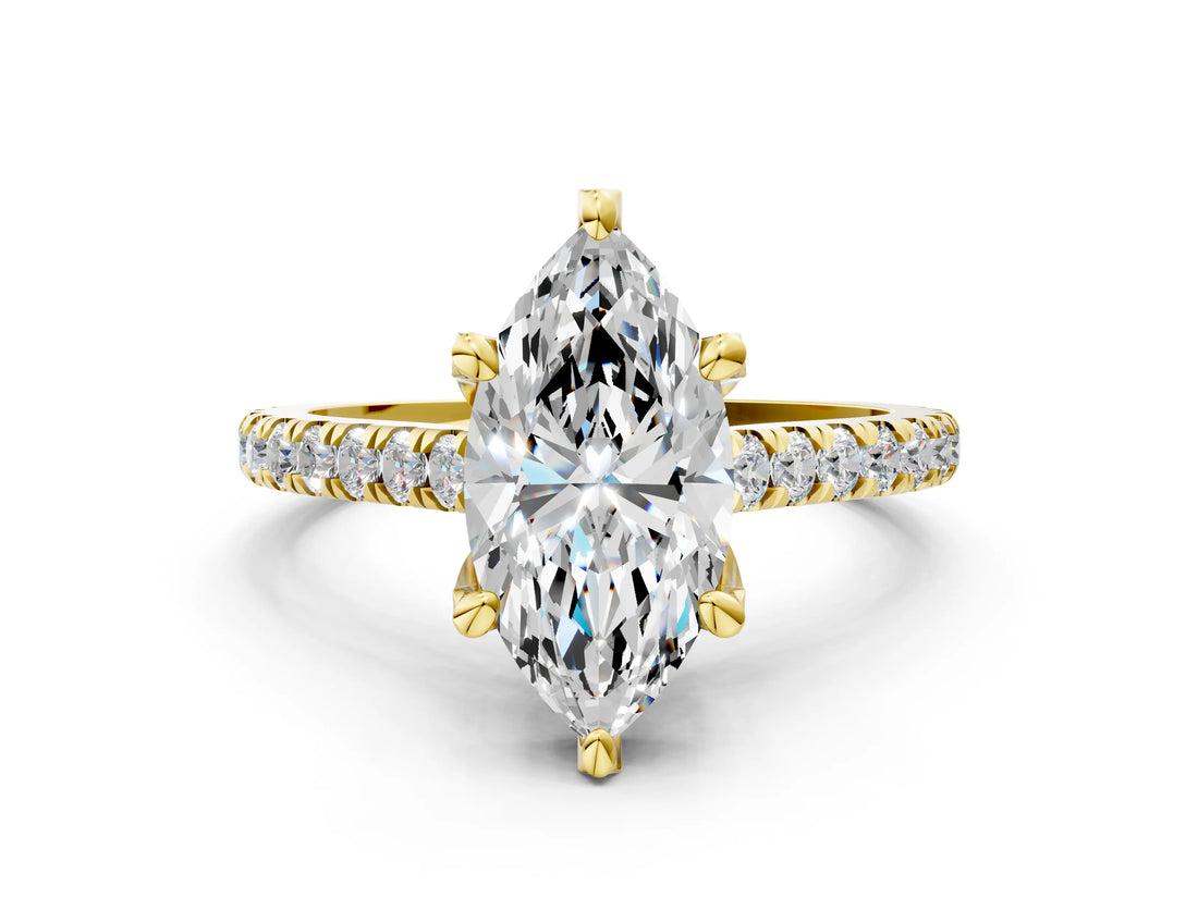 Yellow gold Marquise Brilliant Diamond Solitaire with Pavé Band and Four-Prong Setting