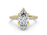 Yellow gold Marquise Brilliant Diamond Solitaire with Pavé Band and Four-Prong Setting