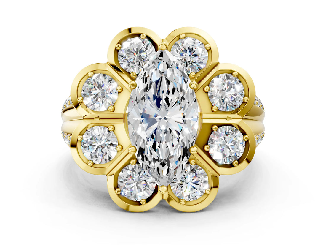 Yellow gold Marquise Brilliant Flower Halo Diamond Split Shank Ring_63