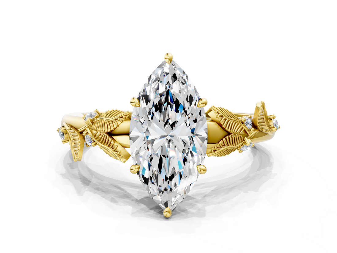 Yellow gold Marquise Brilliant Solitaire with Leaf Motif Band and Four-Prong Setting_68