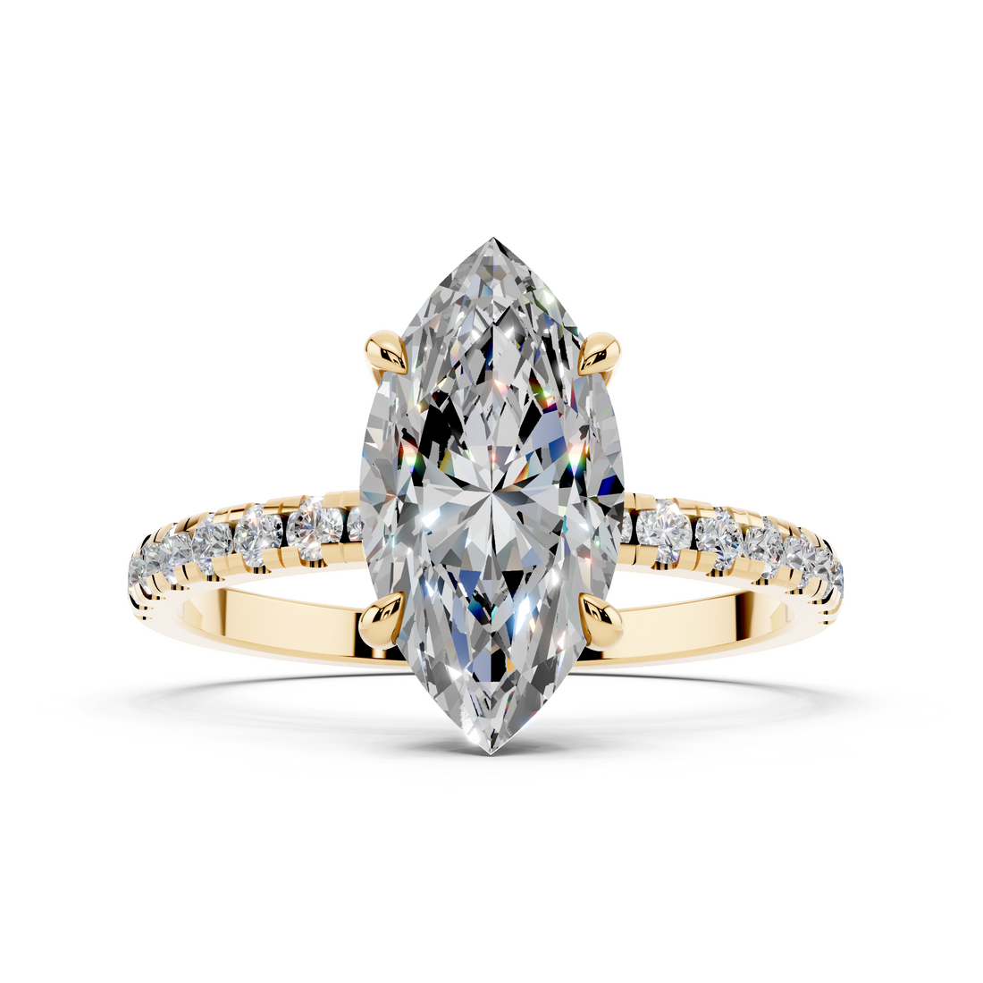 10K Yellow Gold 2.00 Carat E VS1 Round Diamond Brilliant Solitaire Ring with Pavé Band and Four-Prong Setting