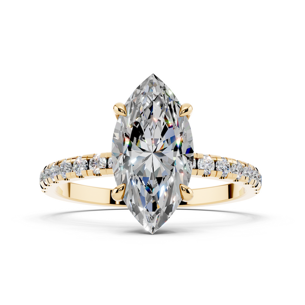 10K Yellow Gold 2.00 Carat E VS1 Round Diamond Brilliant Solitaire Ring with Pavé Band and Four-Prong Setting
