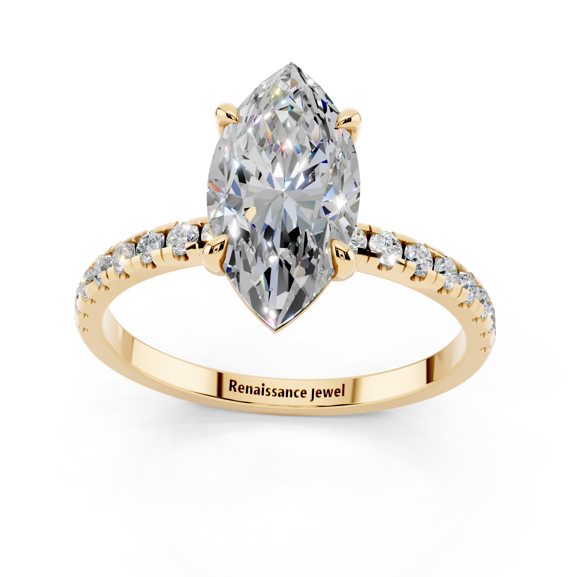 Yellow gold Marquise Brilliant Solitaire with Pavé Band and Four-Prong Setting_5