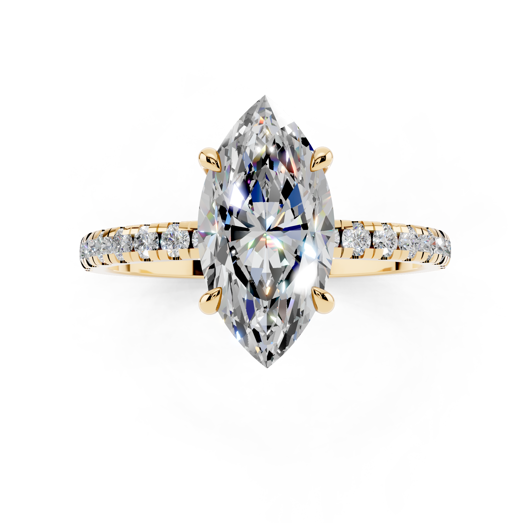 Yellow gold Marquise Brilliant Solitaire with Pavé Band and Four-Prong Setting_6