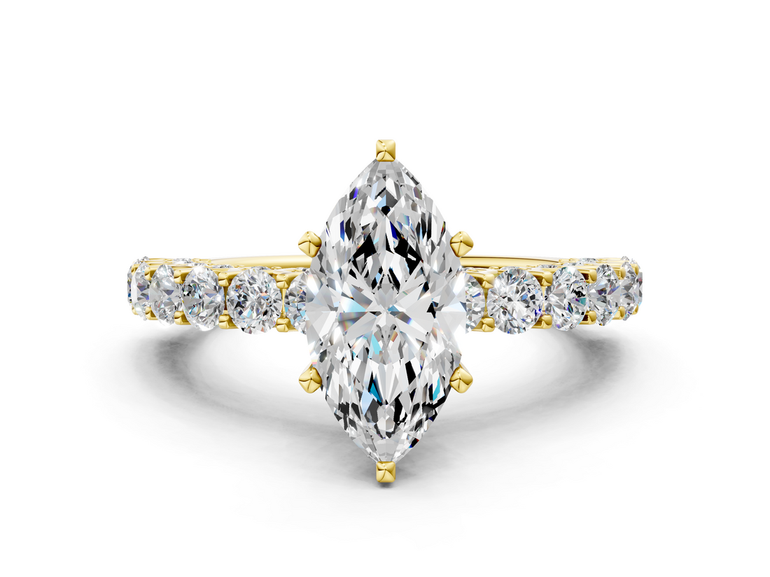 Yellow gold Marquise Brilliant Solitaire with Pavé Band and Four-Prong Setting_67