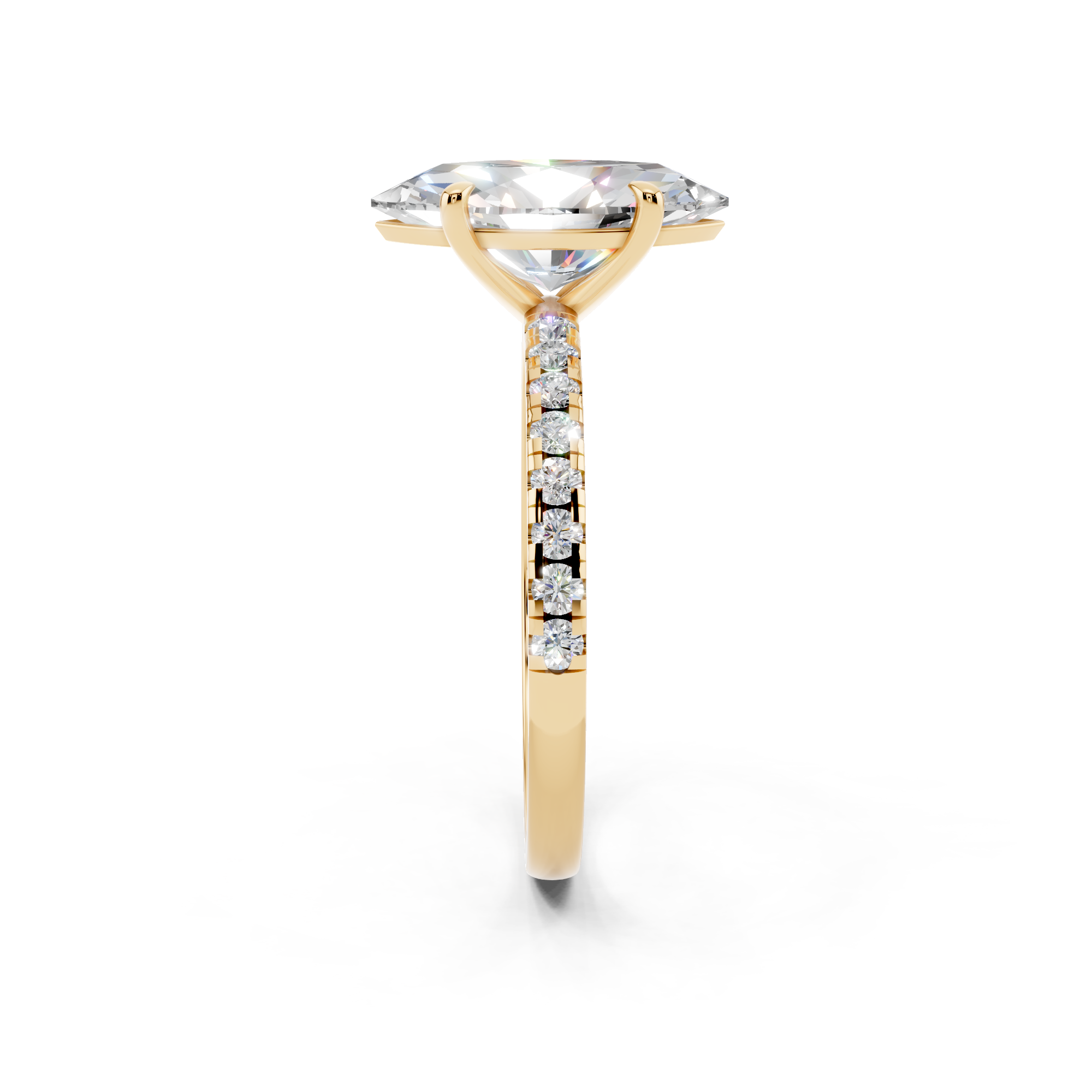 Yellow gold Marquise Brilliant Solitaire with Pavé Band and Four-Prong Setting_8