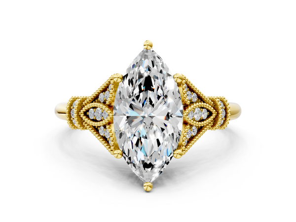 Yellow gold Marquise Diamond Solitaire Ring with Floral Filigree and Pave Accents