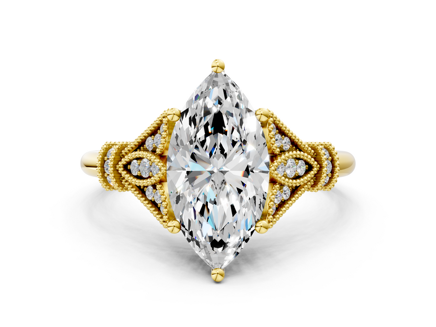Yellow gold Marquise Diamond Solitaire Ring with Floral Filigree and Pave Accents