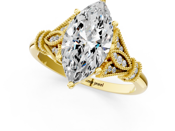 Yellow gold Marquise Diamond Solitaire Ring with Floral Filigree and Pave Accents