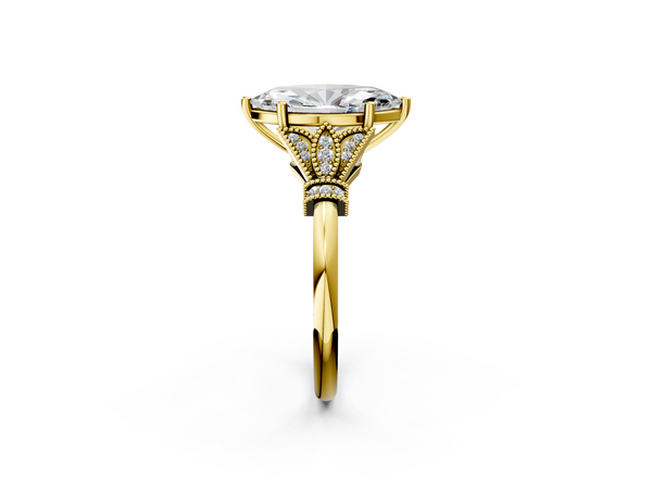 Yellow gold Marquise Diamond Solitaire Ring with Floral Filigree and Pave Accents