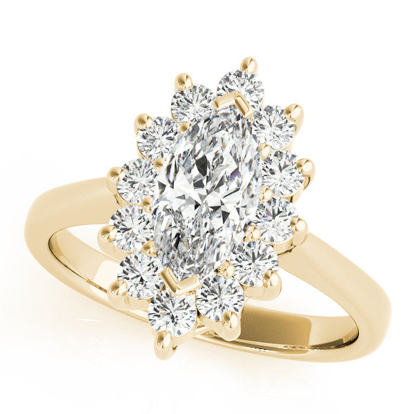 Yellow gold Marquise Cluster Halo Diamond Ring with Solitaire Band and Prong Setting