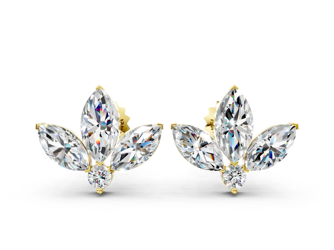 Yellow gold Marquise Cluster Stud Earrings with Round Prong Setting_10