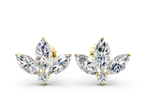 Yellow gold Marquise Cluster Stud Earrings with Round Prong Setting