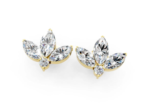 Yellow gold Marquise Cluster Stud Earrings with Round Prong Setting