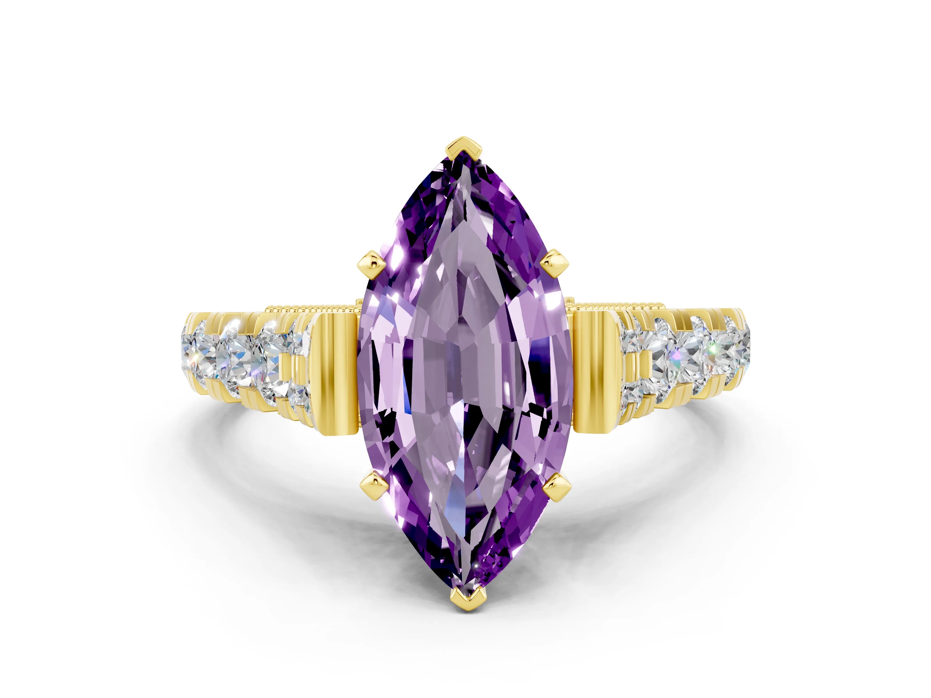 Yellow gold Marquise Cut Amethyst Classic Solitaire Ring with Pavé Band and Four-Prong Setting