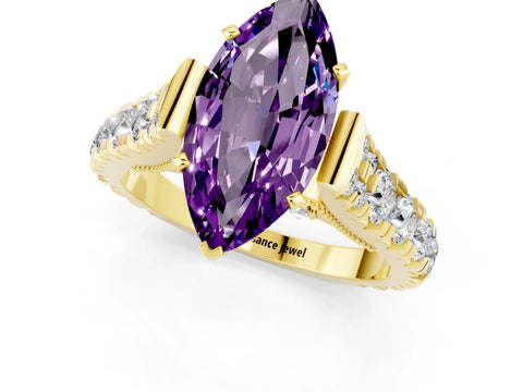 Yellow gold Marquise Cut Amethyst Classic Solitaire Ring with Pavé Band and Four-Prong Setting_1