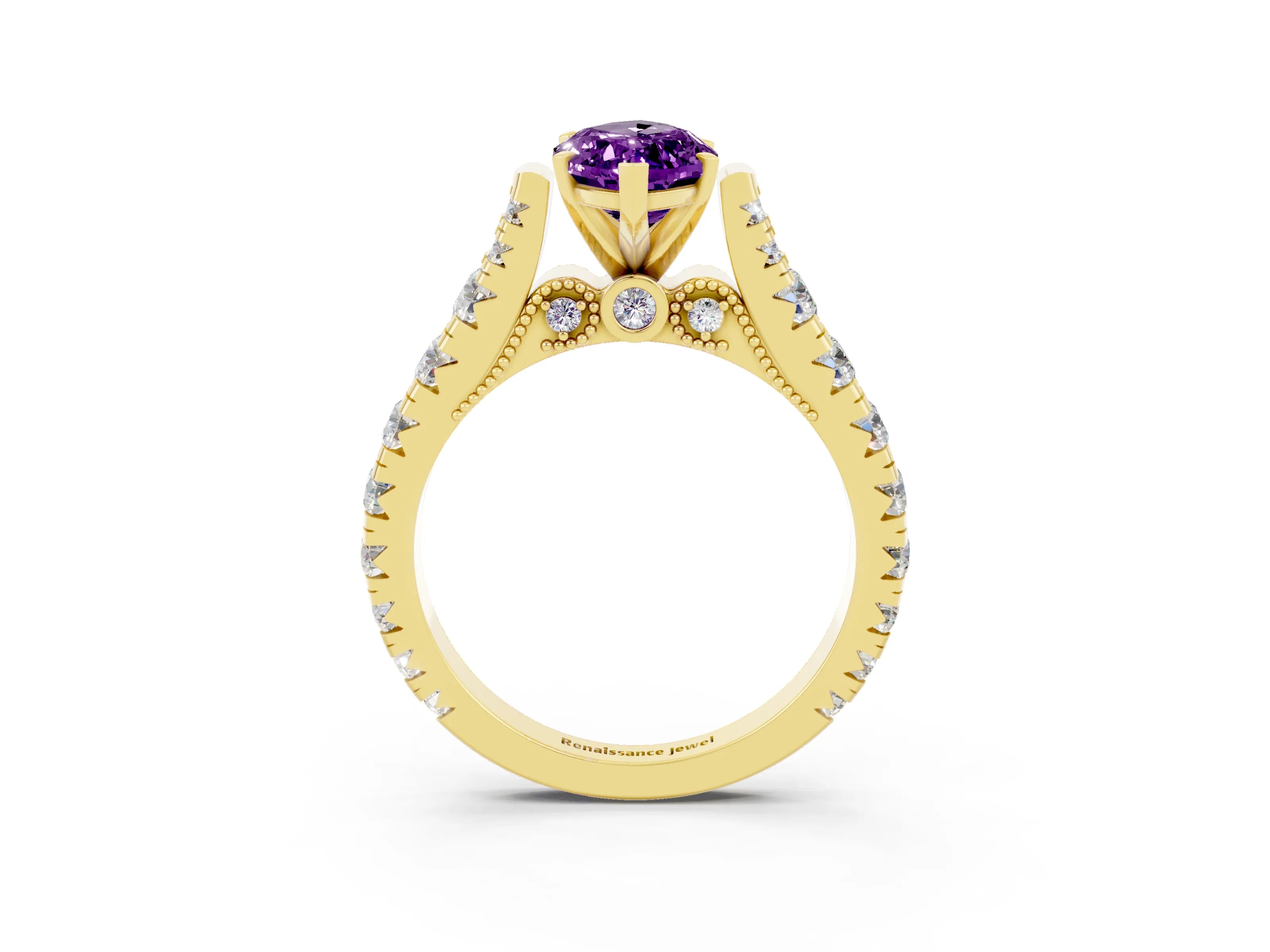 Yellow gold Marquise Cut Amethyst Classic Solitaire Ring with Pavé Band and Four-Prong Setting_3