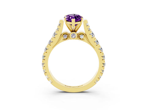 Yellow gold Marquise Cut Amethyst Classic Solitaire Ring with Pavé Band and Four-Prong Setting_3