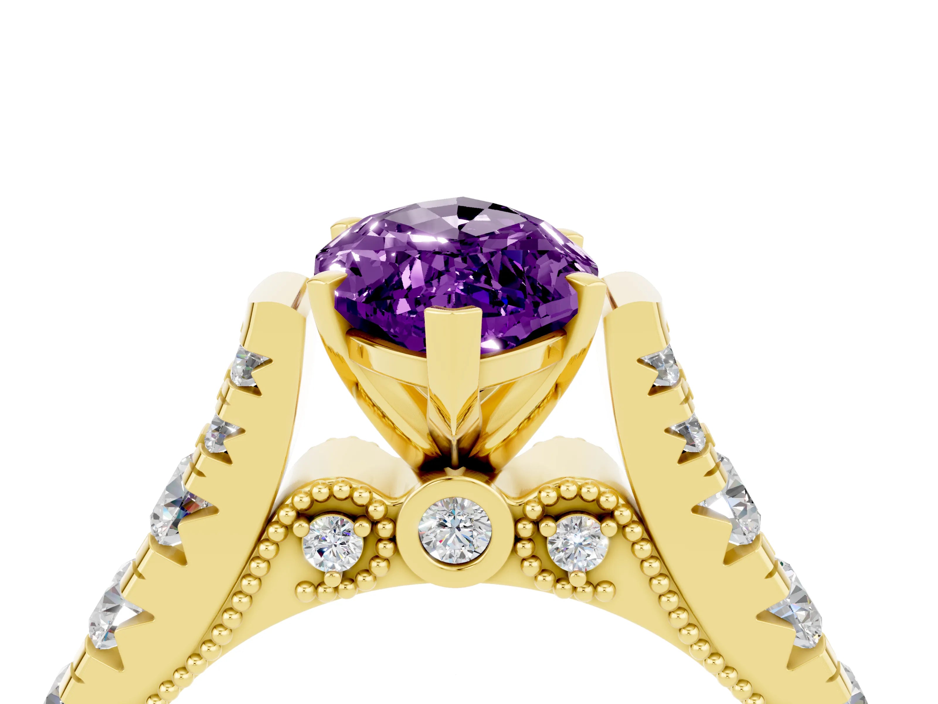 Yellow gold Marquise Cut Amethyst Classic Solitaire Ring with Pavé Band and Four-Prong Setting_4