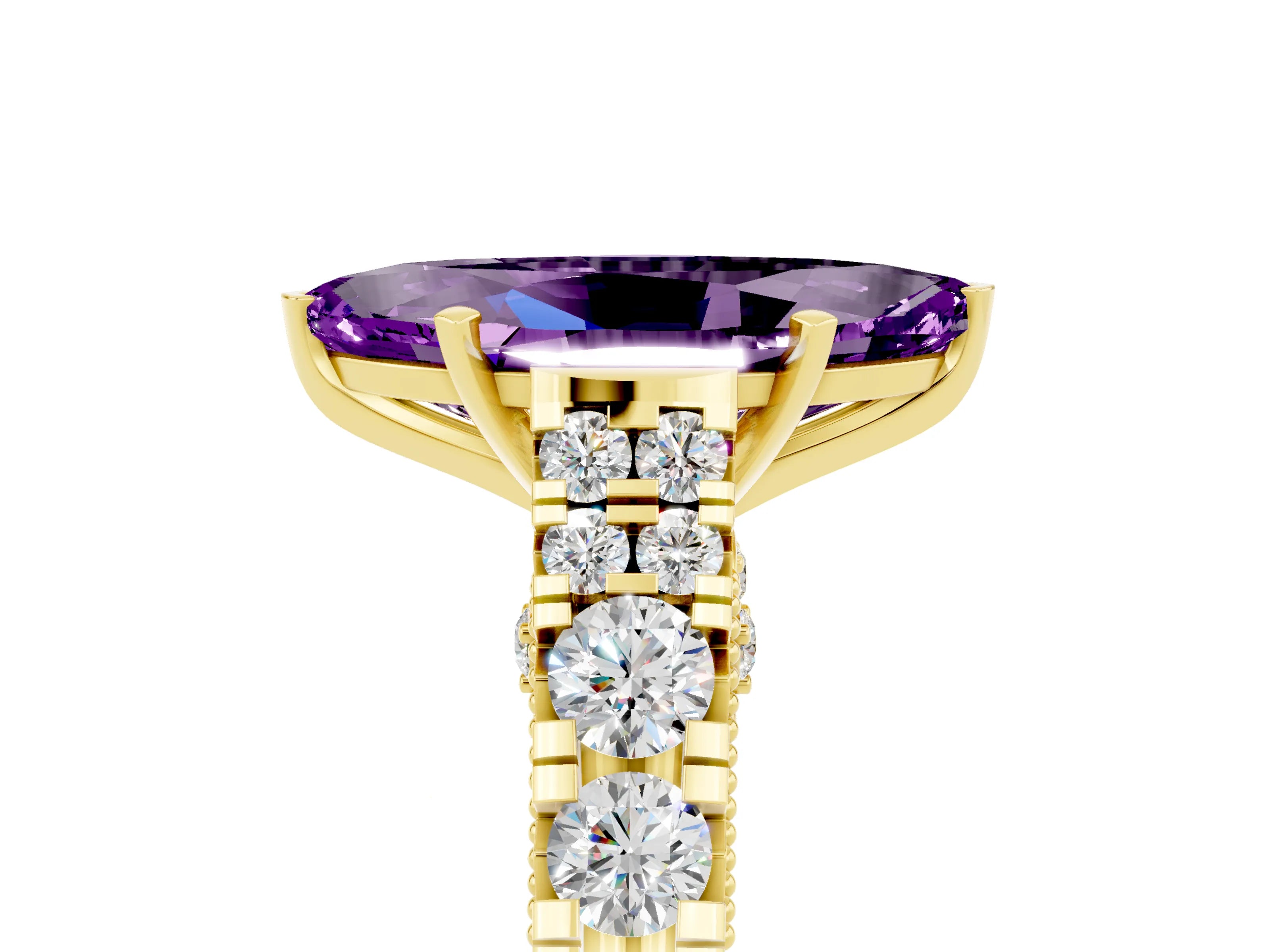 Yellow gold Marquise Cut Amethyst Classic Solitaire Ring with Pavé Band and Four-Prong Setting_5