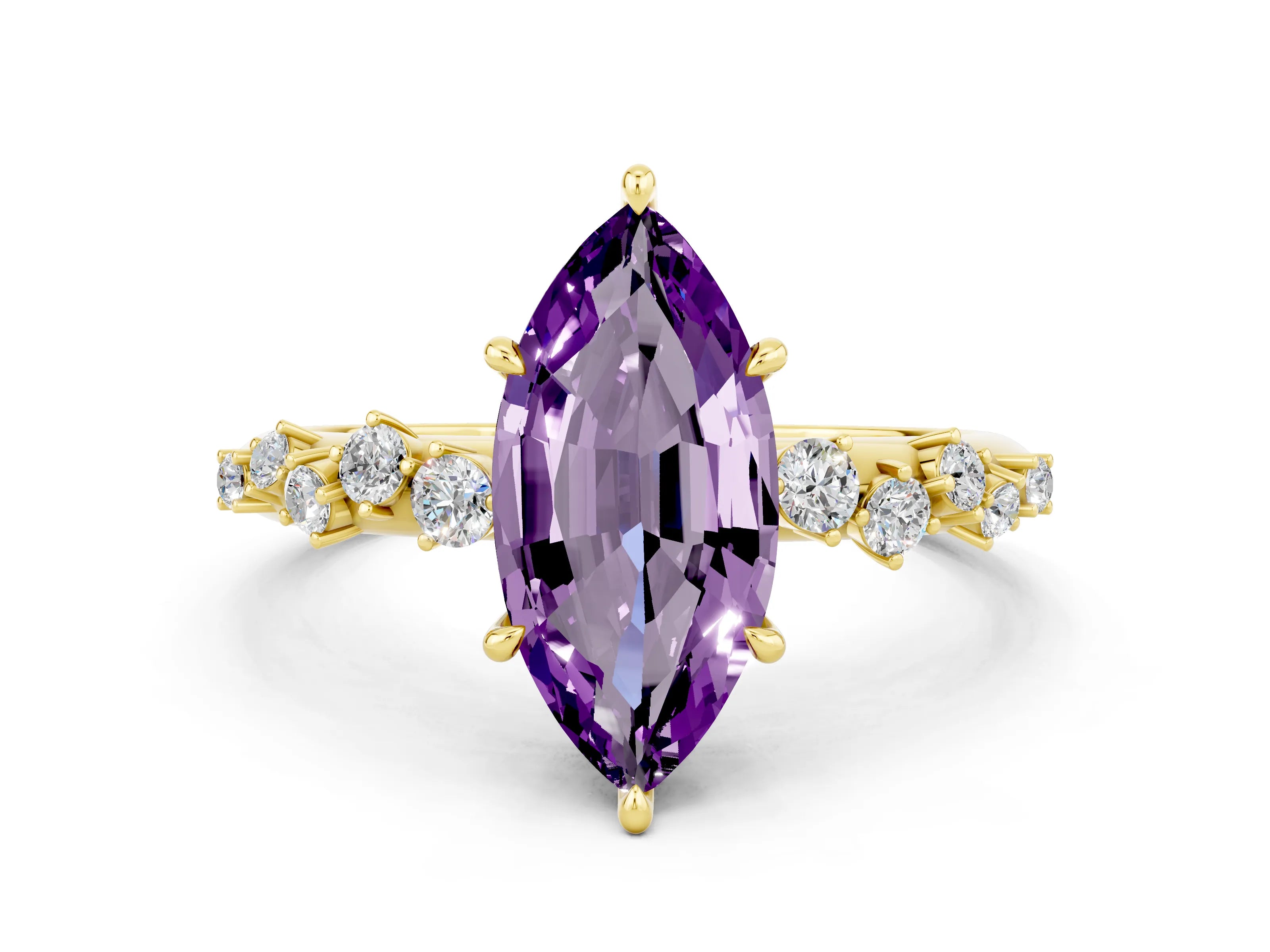 Yellow gold Marquise Cut Amethyst Cluster Side Stone Solitaire Ring with Prong Setting_24