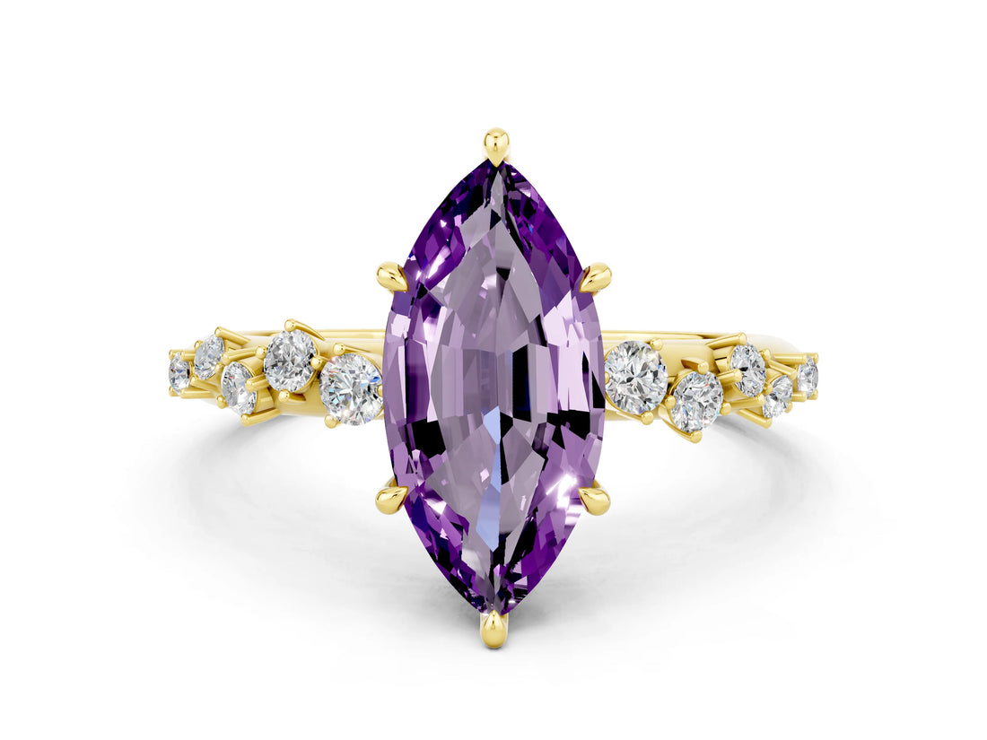 Yellow gold Marquise Cut Amethyst Cluster Side Stone Solitaire Ring with Prong Setting_24
