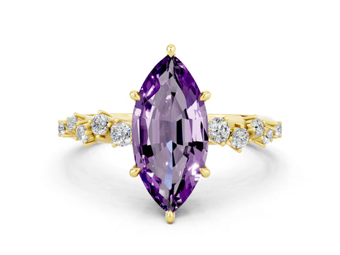 Yellow gold Marquise Cut Amethyst Cluster Side Stone Solitaire Ring with Prong Setting_24