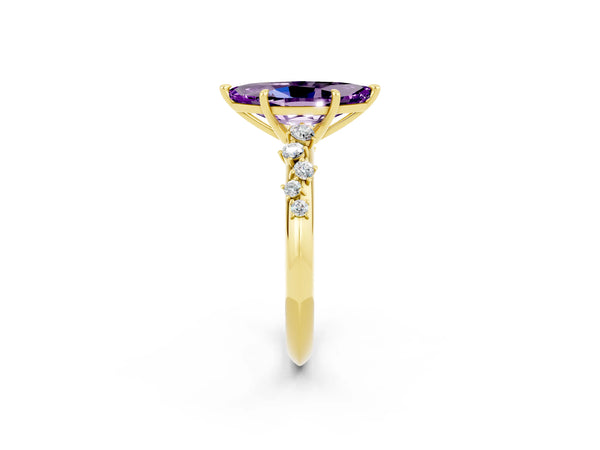 Yellow gold Marquise Cut Amethyst Cluster Side Stone Solitaire Ring with Prong Setting