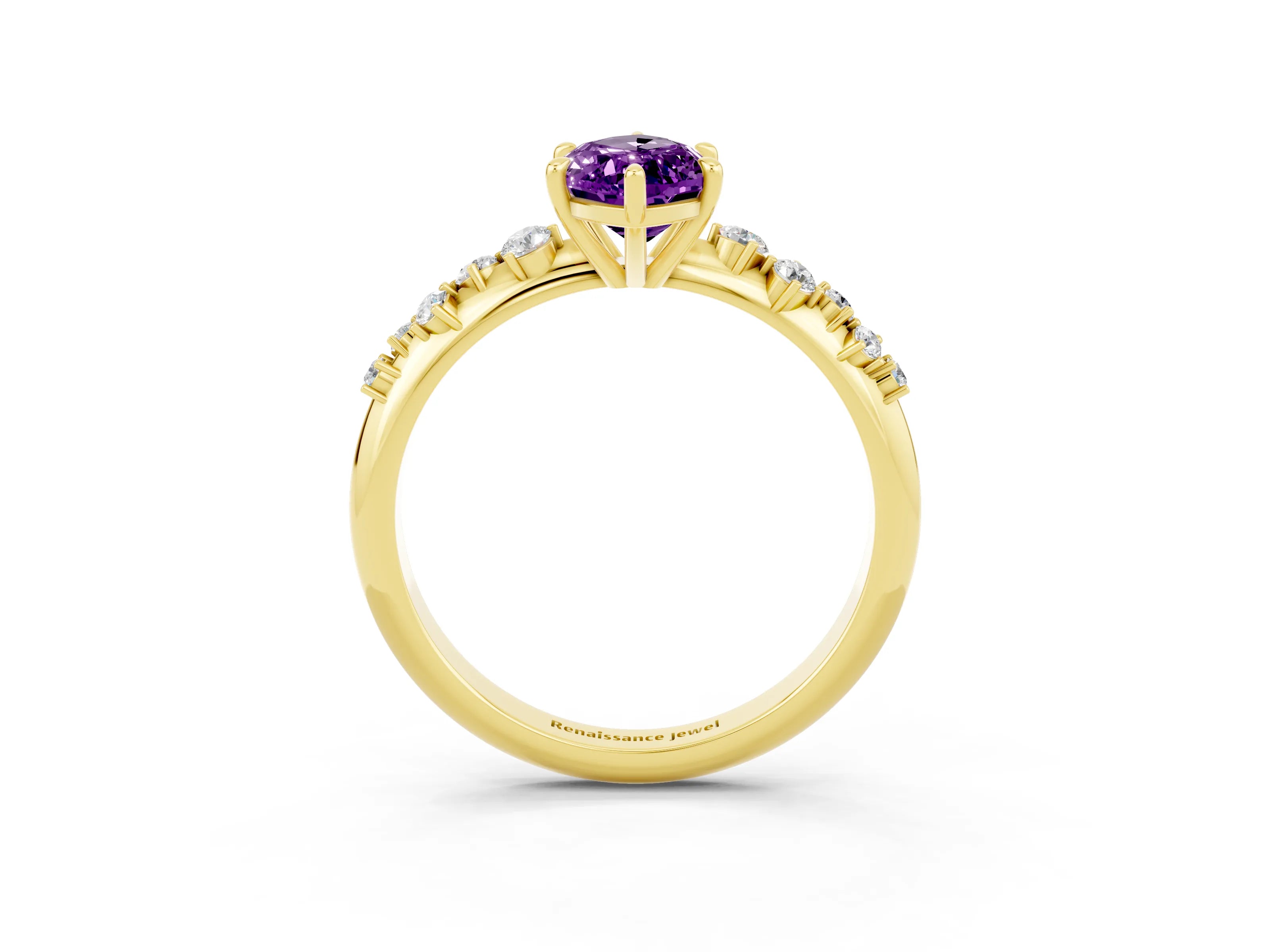 Yellow gold Marquise Cut Amethyst Cluster Side Stone Solitaire Ring with Prong Setting_27