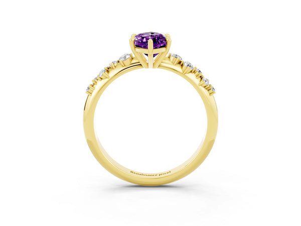 Yellow gold Marquise Cut Amethyst Cluster Side Stone Solitaire Ring with Prong Setting