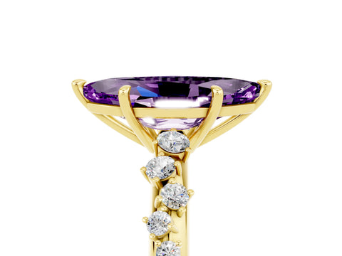Yellow gold Marquise Cut Amethyst Cluster Side Stone Solitaire Ring with Prong Setting_29