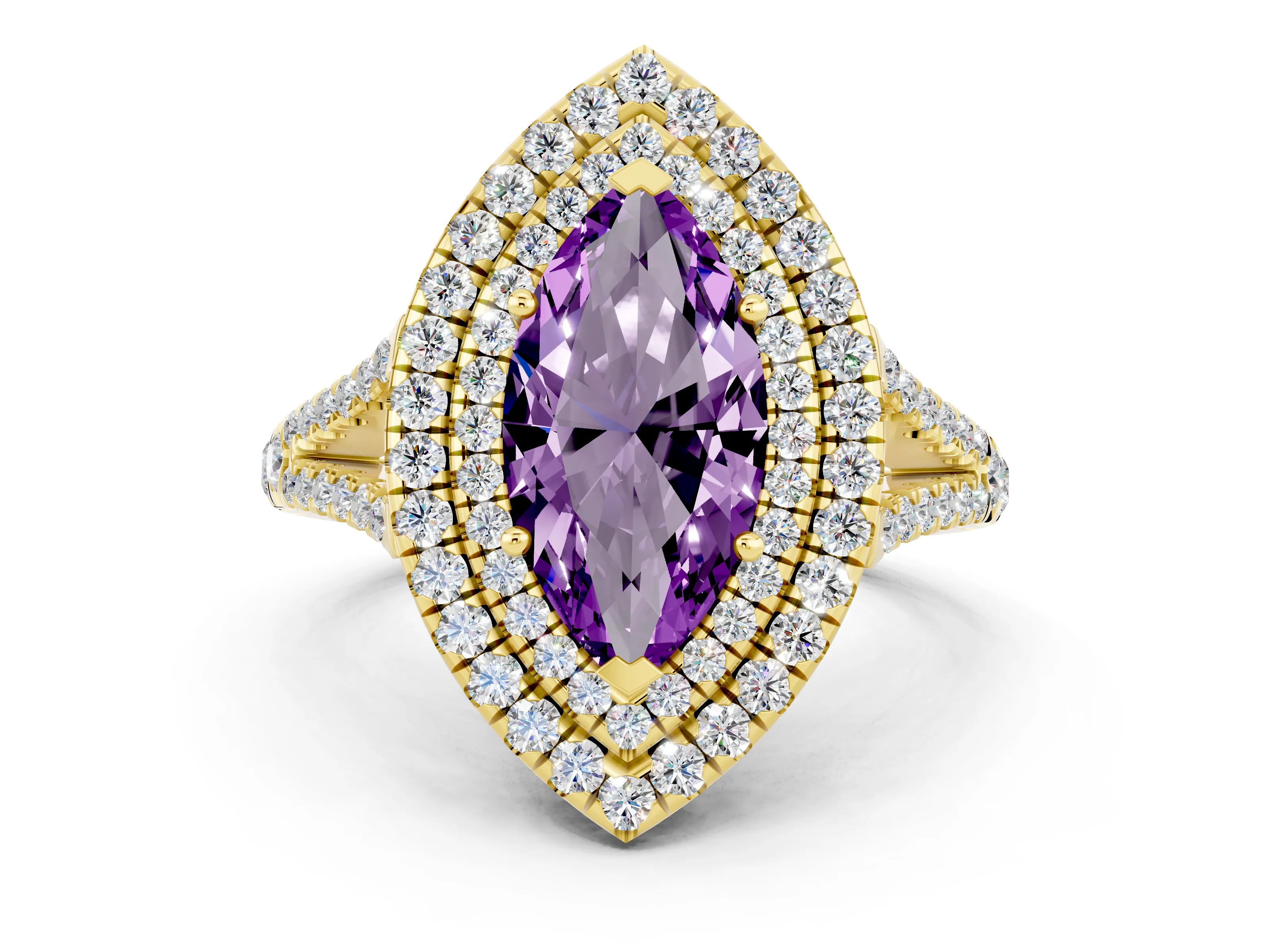 Yellow gold Marquise Cut Amethyst Double Halo Ring with Pavé Band and Prong Setting_12