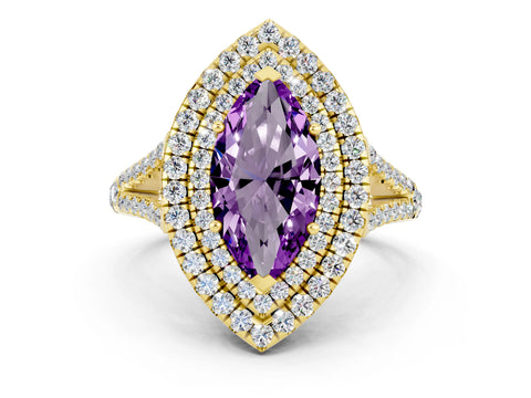 Yellow gold Marquise Cut Amethyst Double Halo Ring with Pavé Band and Prong Setting_12