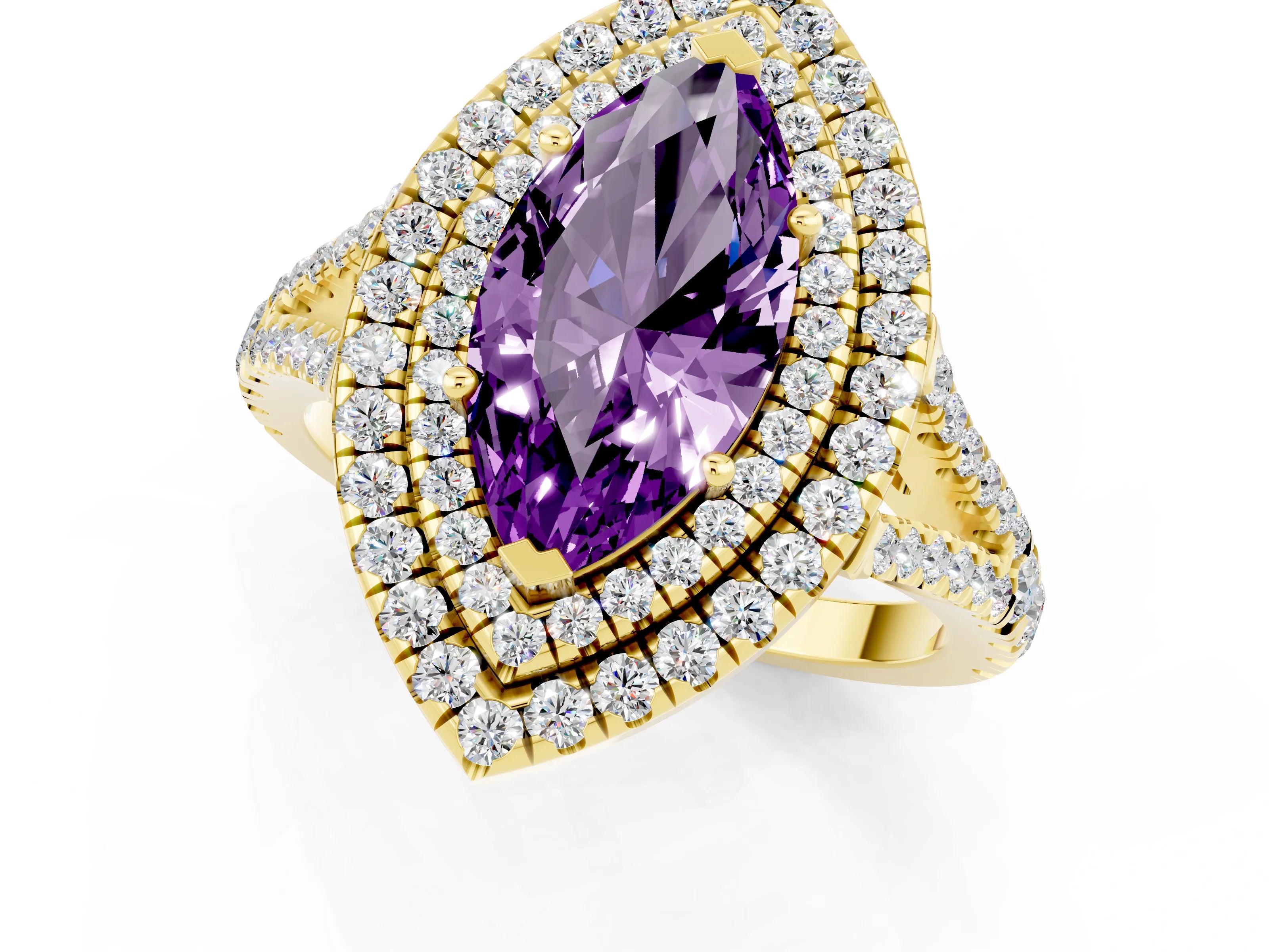 Yellow gold Marquise Cut Amethyst Double Halo Ring with Pavé Band and Prong Setting_13