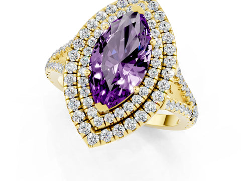 Yellow gold Marquise Cut Amethyst Double Halo Ring with Pavé Band and Prong Setting_13