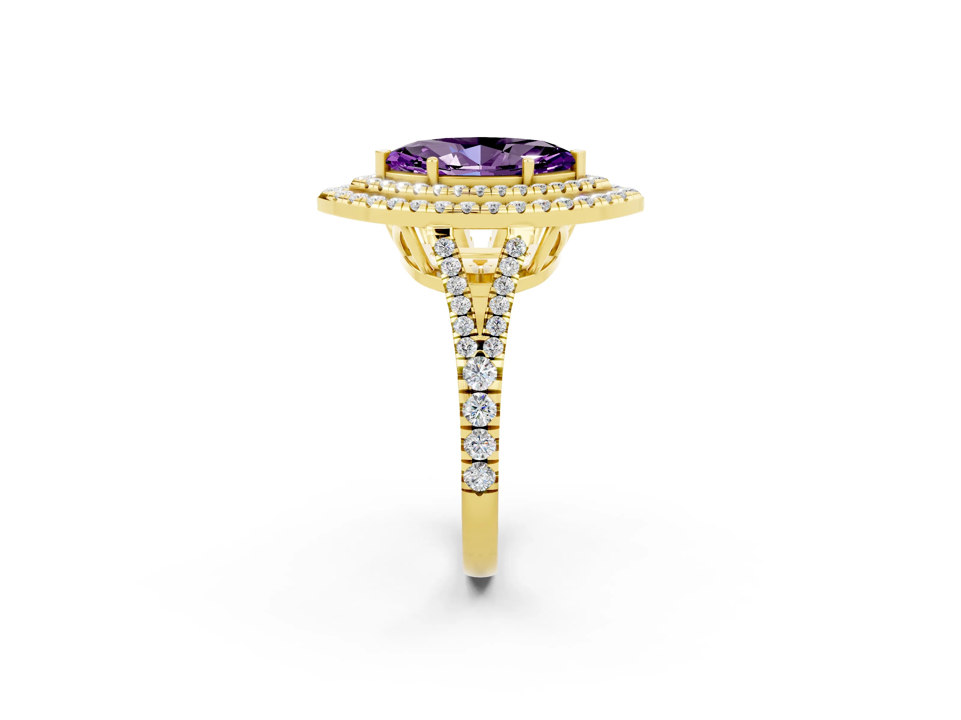 Yellow gold Marquise Cut Amethyst Double Halo Ring with Pavé Band and Prong Setting_14