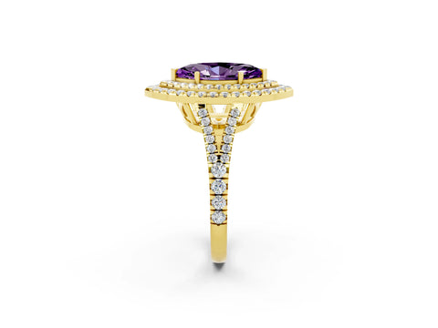 Yellow gold Marquise Cut Amethyst Double Halo Ring with Pavé Band and Prong Setting_14