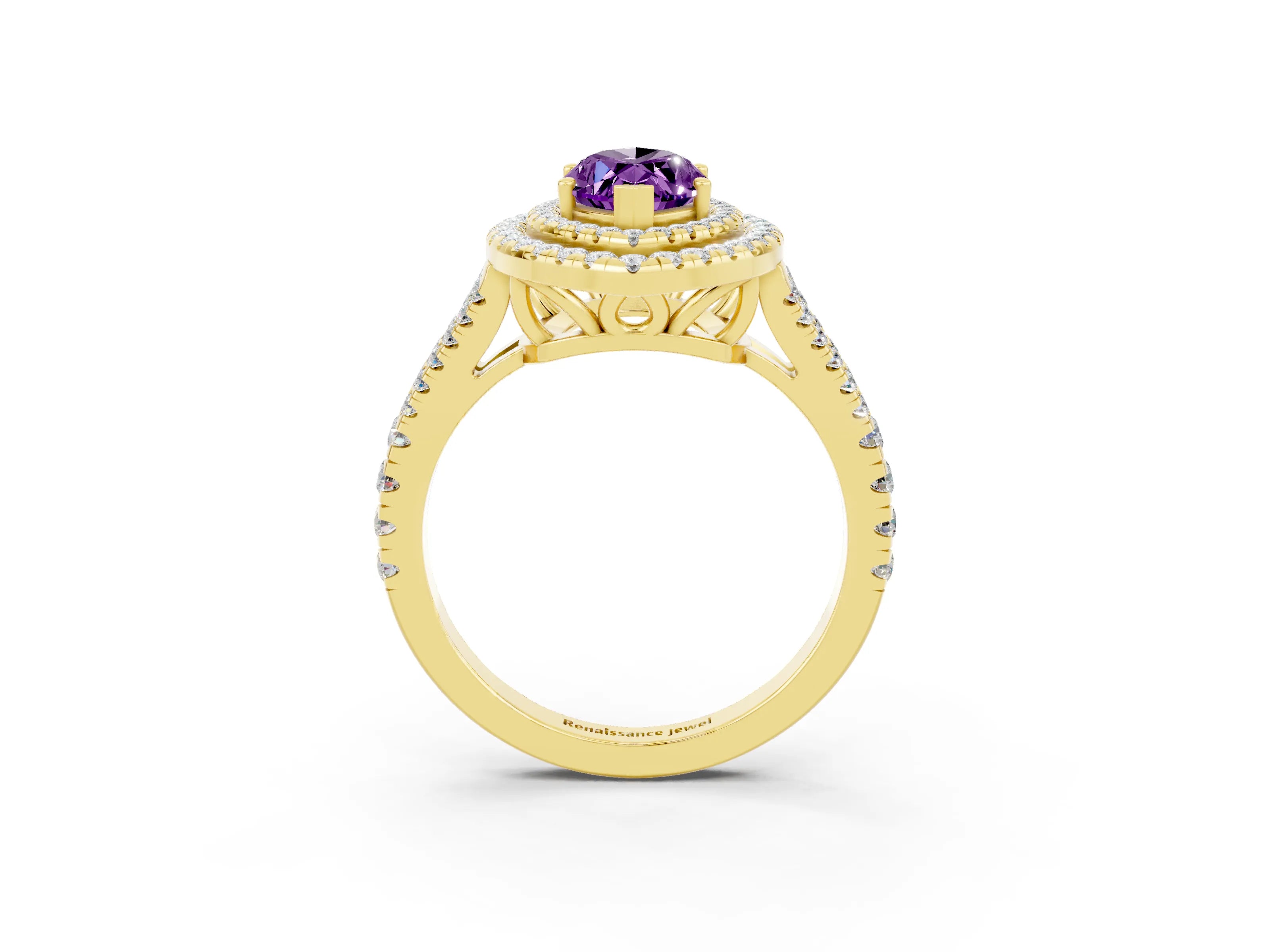Yellow gold Marquise Cut Amethyst Double Halo Ring with Pavé Band and Prong Setting_15
