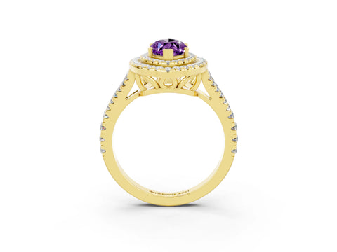 Yellow gold Marquise Cut Amethyst Double Halo Ring with Pavé Band and Prong Setting_15