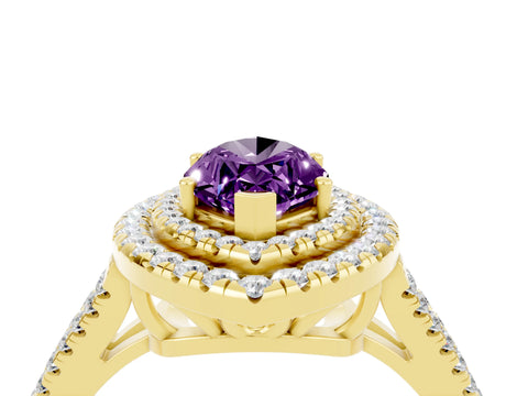 Yellow gold Marquise Cut Amethyst Double Halo Ring with Pavé Band and Prong Setting_16