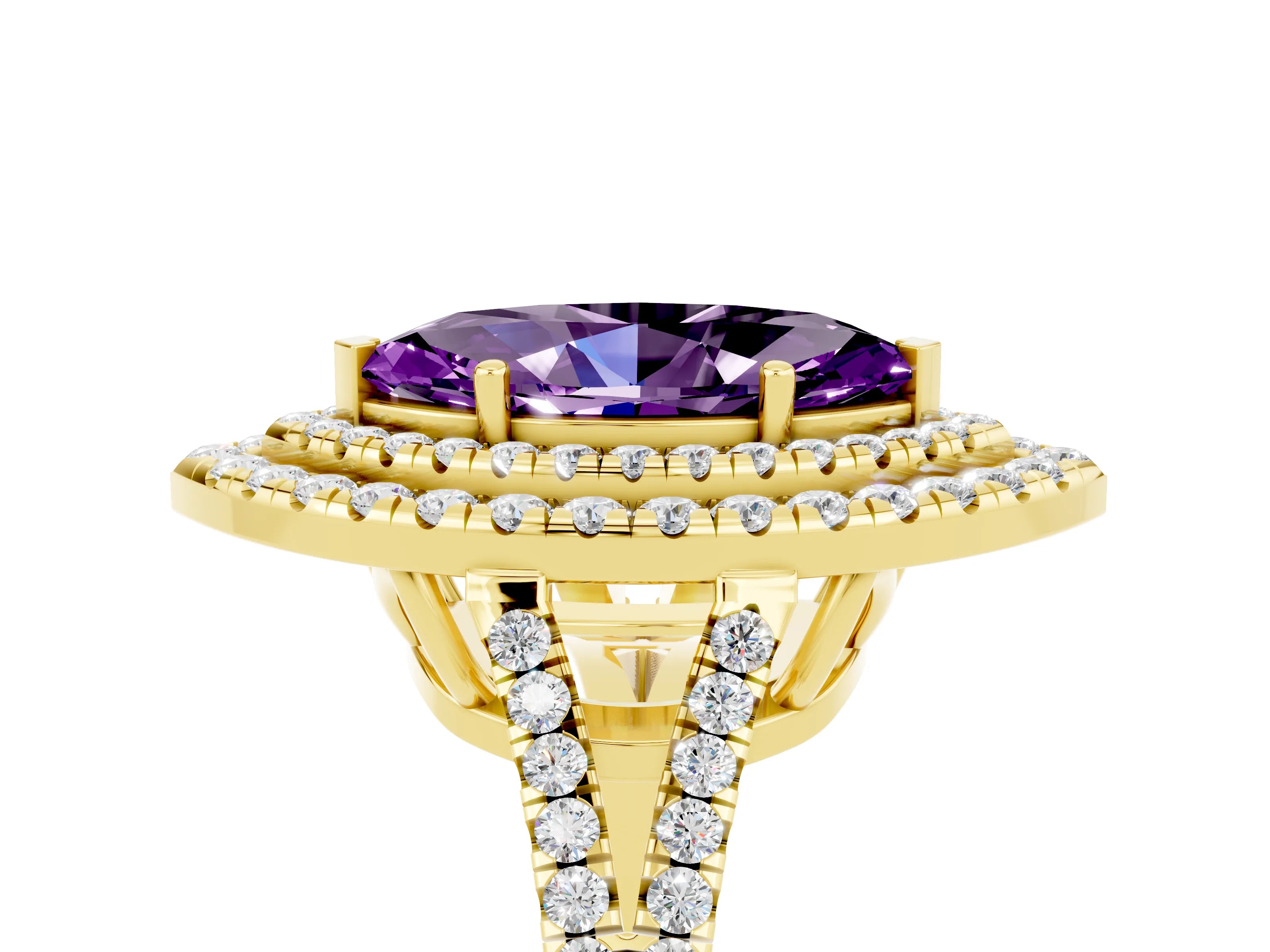 Yellow gold Marquise Cut Amethyst Double Halo Ring with Pavé Band and Prong Setting_17