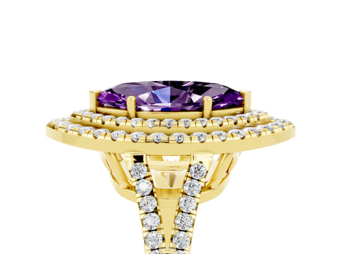 Yellow gold Marquise Cut Amethyst Double Halo Ring with Pavé Band and Prong Setting_17